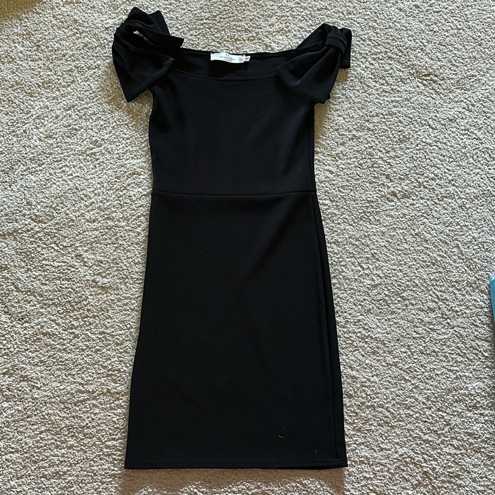 Black bow off the shoulder cocktail dress